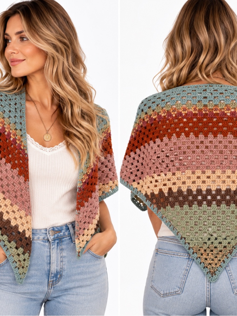 Handmade Crochet Granny Shawl Wrap Boho Festival Multicolor One of a Kind